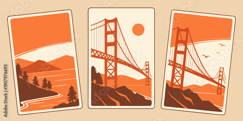 Golden Gate Bridge Triptych Wall Art – Modern San Francisco Prints, Warm Orange Minimalist California Decor, Scenic Landscape Poster Set, U.S, USA, US, United States
