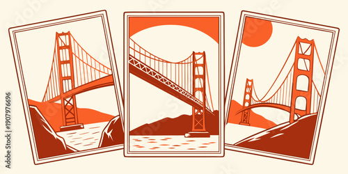 Golden Gate Bridge Triptych Wall Art – Modern San Francisco Prints, Warm Orange Minimalist California Decor, Scenic Landscape Poster Set, U.S, USA, US, United States
