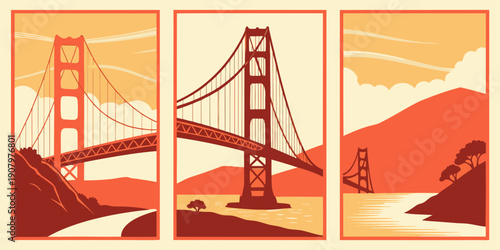 "Golden Gate Bridge Triptych Wall Art – Modern San Francisco Prints, Warm Orange Minimalist California Decor, Scenic Retro Landscape Poster Set", U.S, USA, US, United States
