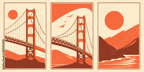"Golden Gate Bridge Triptych Wall Art – Modern San Francisco Prints, Warm Orange Minimalist California Decor, Scenic Landscape Poster Set", U.S, USA, US, United States
