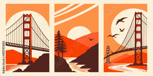 "Golden Gate Bridge Triptych Wall Art – Modern San Francisco Prints, Warm Orange Minimalist California Decor, Scenic Landscape Poster Set", U.S, USA, US, United States
