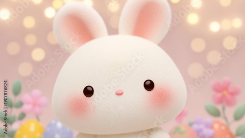 Cute kawaii bunny character with pastel bokeh background
