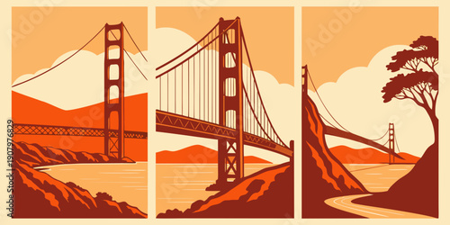 "Golden Gate Bridge Triptych Wall Art – Modern San Francisco Prints, Warm Orange Minimalist California Decor, Scenic Retro Landscape Poster Set", U.S, USA, US, United States
