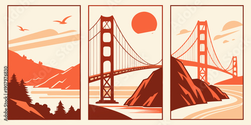 "Golden Gate Bridge Triptych Wall Art – Modern San Francisco Prints, Warm Orange Minimalist California Decor, Scenic Landscape Poster Set", U.S, USA, US, United States
