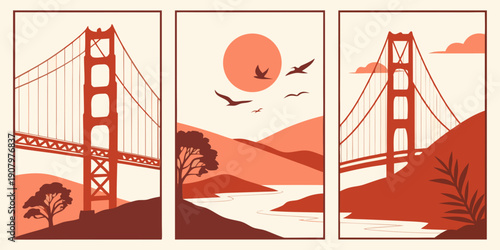 "Golden Gate Bridge Triptych Wall Art – Modern San Francisco Prints, Warm Orange Minimalist California Decor, Scenic Landscape Poster Set", U.S, USA, US, United States
