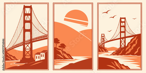 "Golden Gate Bridge Triptych Wall Art – Modern San Francisco Prints, Warm Orange Minimalist California Decor, Retro Landscape Poster Set", U.S, USA, US, United States
