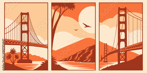 "Golden Gate Bridge Triptych Wall Art – Modern San Francisco Prints, Warm Orange Minimalist California Decor, Retro Landscape Poster Set", U.S, USA, US, United States
