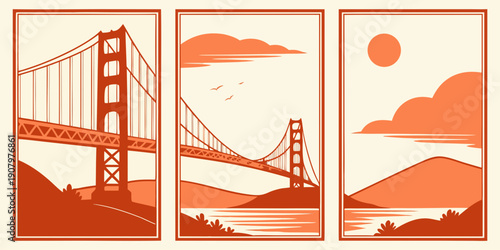 "Golden Gate Bridge Triptych Wall Art – Modern San Francisco Prints, Warm Orange Minimalist California Decor, Retro Landscape Poster Set", U.S, USA, US, United States
