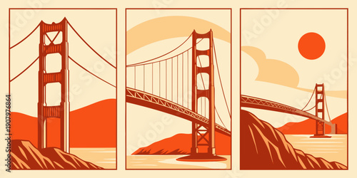 "Golden Gate Bridge Triptych Wall Art – Modern San Francisco Prints, Warm Orange California Decor, Minimalist Retro Landscape Poster Set", U.S, USA, US, United States
