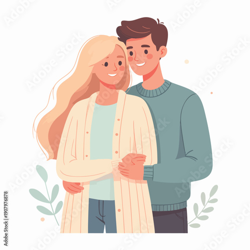 A young couple embracing and smiling together with tender affection in a serene environment viewed from the front