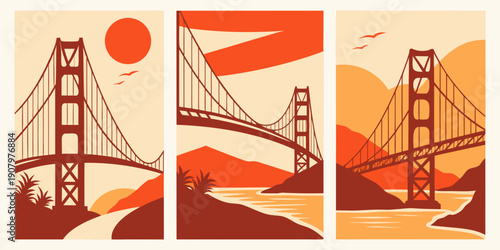 "Golden Gate Bridge Triptych Wall Art – Modern California Sunset Prints, Warm Orange Minimalist San Francisco Decor, Landscape Poster Set", U.S, USA, US, United States
