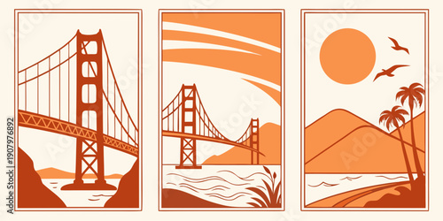 "California Coastal Art Prints – Golden Gate Bridge Wall Decor, Sunset Landscape Posters, Modern Minimalist Orange Aesthetic", U.S, USA, US, United States
