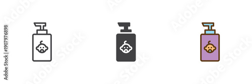Baby shampoo bottle icon set in line, solid and filled outline colorful style. Shampoo icon twice used as vector sign, symbol and color illustration for hygiene care.