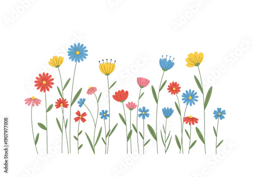 A colorful border illustration of various simple stylized wildflowers on tall stems