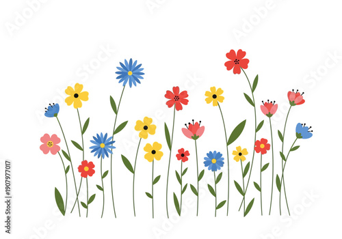 A row of colorful stylized wildflowers on thin green stems against a white background