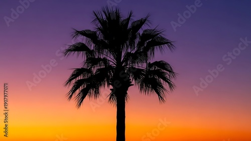 A dark silhouette of a palm tree against a gradient sunset sky transitioning from bright orange at the bottom to deep purple at the top