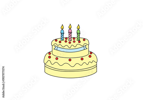 Cartoon drawing of a twotiered yellow birthday cake with three lit candles and red decorations