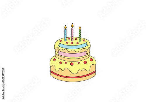 Cartoon illustration of a twotiered birthday cake with three lit candles
