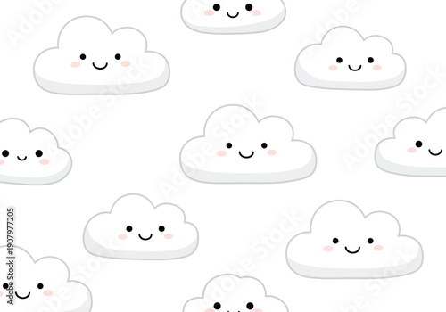 Seamless pattern of cheerful stylized white clouds with pink blush cheeks