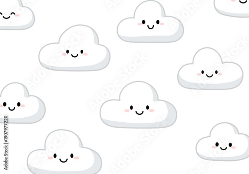 Seamless pattern of cute white cartoon clouds with smiling faces on a white background