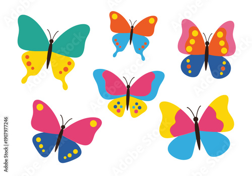 Six colorful stylized butterflies arranged on a white background