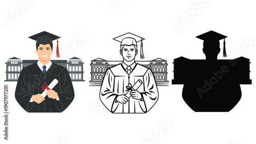 Graduates in caps and gowns hold diplomas in front of a building.