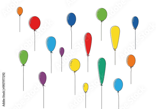 Assortment of colorful handdrawn balloons floating on strings against a white background