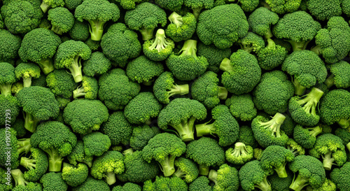 Overhead pattern of raw green broccoli heads creating a dense vegetable texture