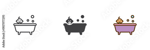 Bathing baby in tub icon set in line, solid and filled outline colorful style. Bath icon twice shown as vector sign, symbol and color illustration for hygiene routine.