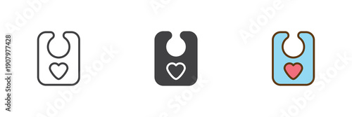 Baby feeding bib icon set in line, solid and filled outline colorful style. Bib icon twice shown as vector sign, symbol and color illustration for mealtime protection.