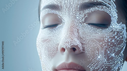 Human face with glowing digital circuit pattern technology concept
