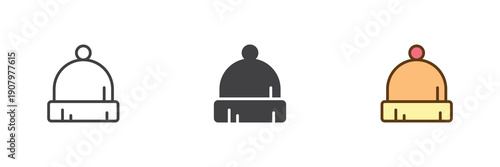 Warm baby beanie hat icon set in line, solid and filled outline colorful style. Hat icon icon used as vector sign, symbol and color illustration for infant clothing.