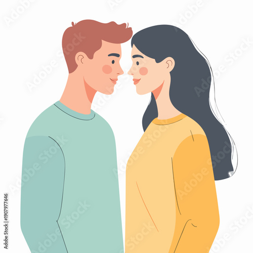 A man and woman standing face to face in a tender moment, illustration, close-up view