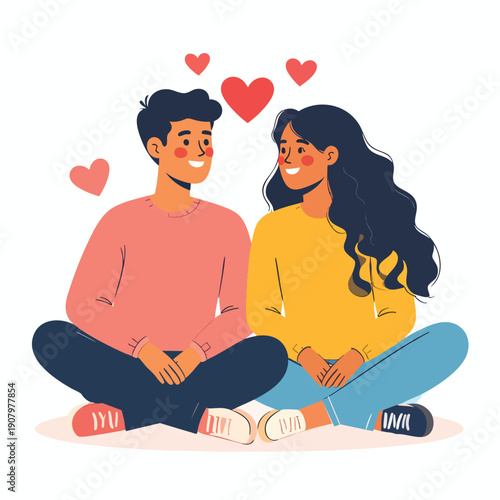 Young couple sitting together surrounded by hearts, smiling at each other with love and affection