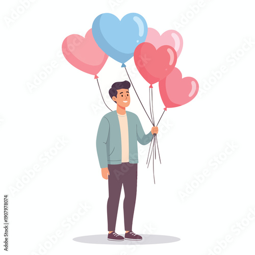 Illustration of a smiling man holding heart-shaped balloons on a string, celebrating love and joy in a playful scene.