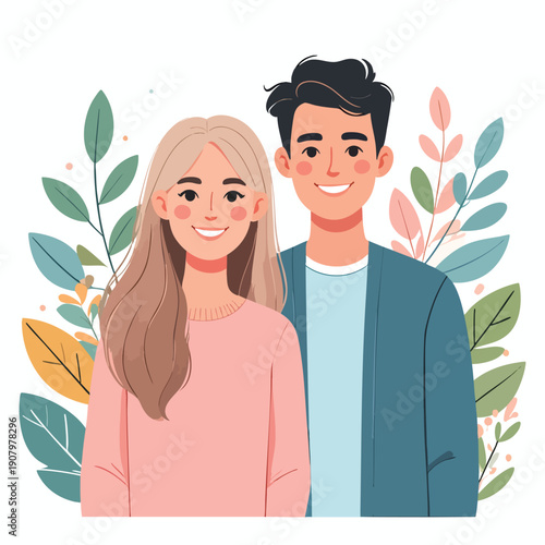 Illustration of a young couple standing together surrounded by leaves and plants smiling at the viewer
