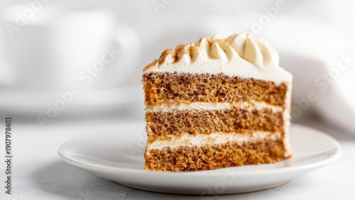 Wallpaper Mural Slice of layered sponge cake with white cream filling and piped whipped cream topping on a white plate. Concept Dessert, Layered sponge cake, Cream filling, Whipped cream topping, White plate Torontodigital.ca