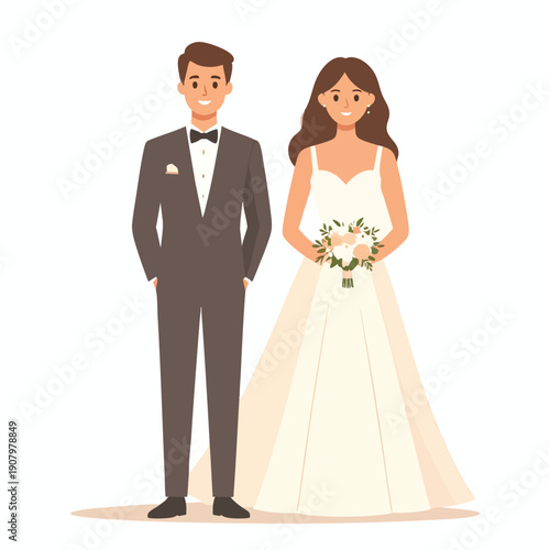 Bride and groom standing together holding flowers on their wedding day