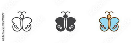 Cute butterfly insect icon set in line, solid and filled outline colorful style. Butterfly icon icon shown as vector sign, symbol and color illustration for kids design.