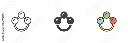 Classic baby rattle toy icon set in line, solid and filled outline colorful style. Rattle icon icon shown as vector sign, symbol and color illustration for play.