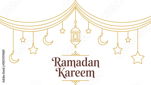 ramadan Kareem, Eid Mubarak Greeting Line icon minimal and simple vector design with beautiful Glowing Lantern and elegant crescent moon star for background and Banner