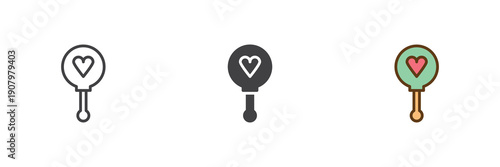 Heart shaped baby rattle icon set in line, solid and filled outline colorful style. Rattle icon icon used as vector sign, symbol and color illustration for toys.