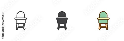 Baby high chair seat icon set in line, solid and filled outline colorful style. Chair icon icon shown as vector sign, symbol and color illustration for feeding.