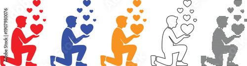 Man proposing to woman with hearts in different colors and styles