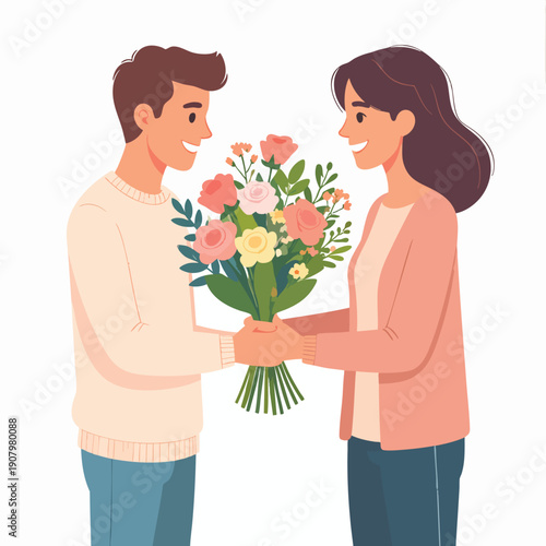 A man giving a bouquet of flowers to a smiling woman in a tender moment of affection and love