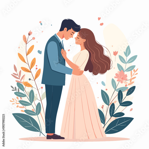 Couple embracing in a serene floral setting, surrounded by lush greenery and vibrant flowers