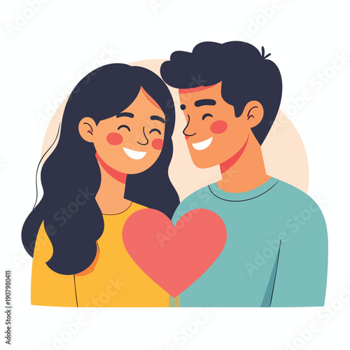 A young couple embracing, holding a heart between them with affection and love