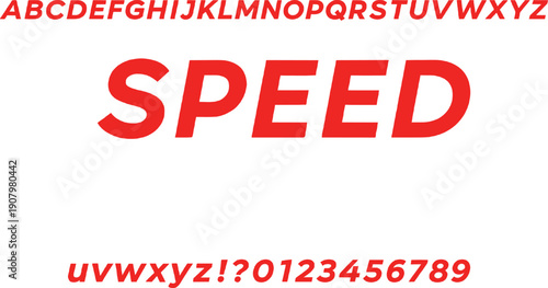 Professional speed font alphabet collection featuring red and white italicized bold typography with numbers for automotive and sports branding