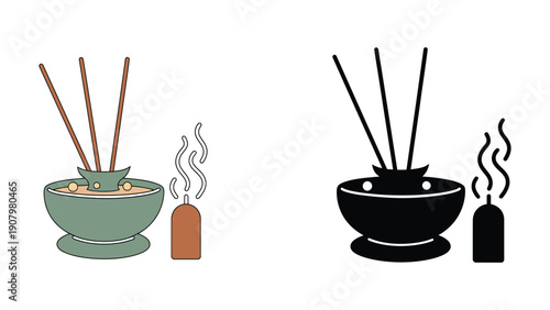 Incense sticks in a bowl with a small candle emitting smoke.