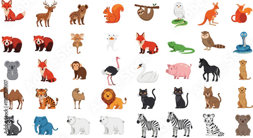 Large collection of cute cartoon wild animals set icons with mammals birds and reptiles isolated on white background for kids education and graphic design